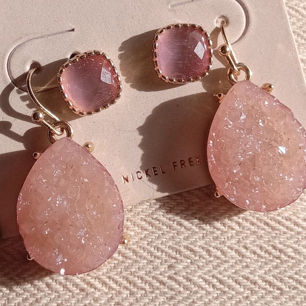 2 Piece Earring Set. 14th & Union Brand. Light pink, delcate. Druzy Style.